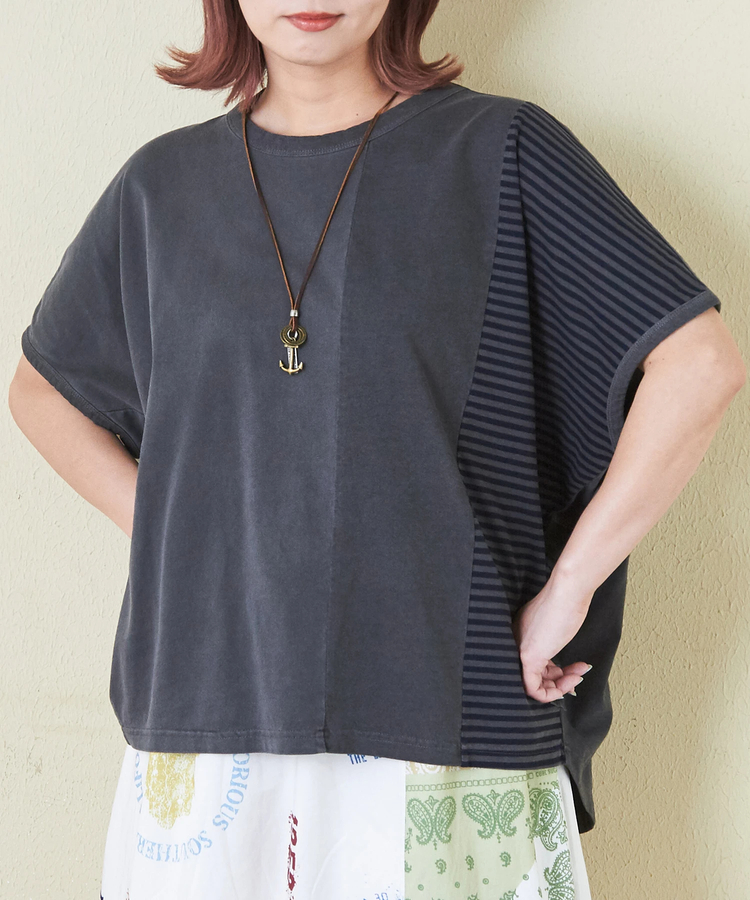 CUBE SUGAR(キューブシュガー) |21/-天竺 無地 × ボーダー ミックス 切替 ドルマン Tシャツ