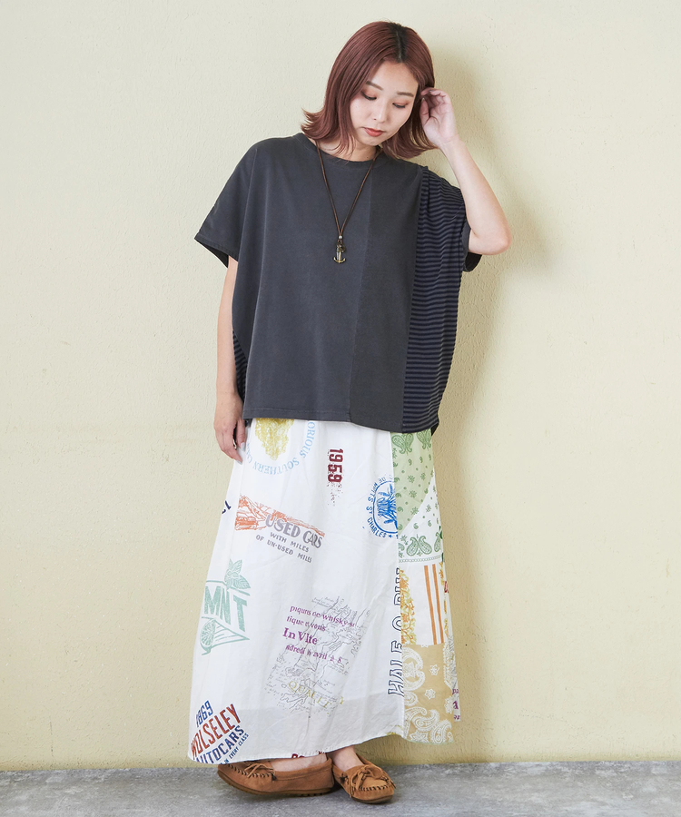 CUBE SUGAR(キューブシュガー) |21/-天竺 無地 × ボーダー ミックス 切替 ドルマン Tシャツ