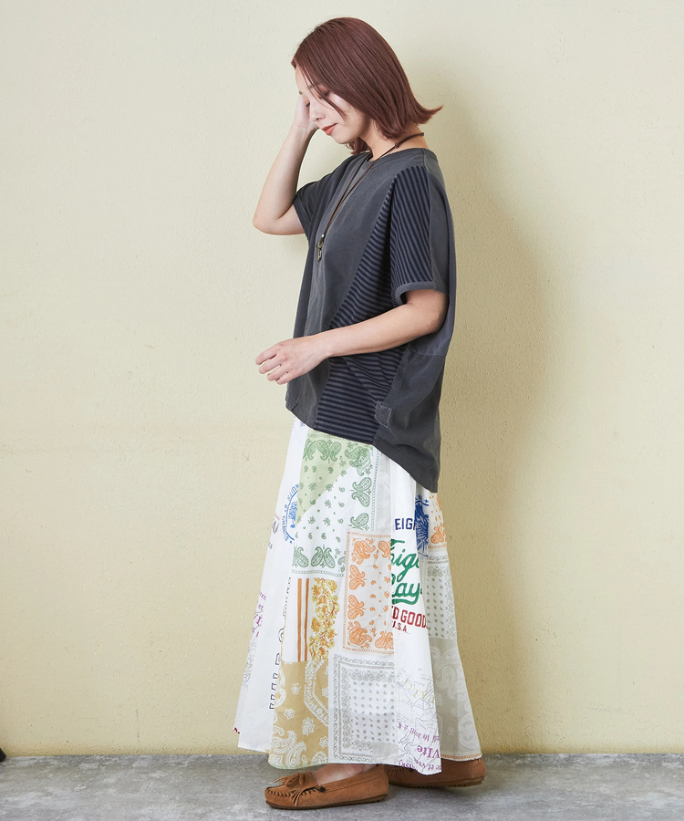 CUBE SUGAR(キューブシュガー) |21/-天竺 無地 × ボーダー ミックス 切替 ドルマン Tシャツ