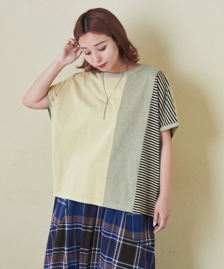 CUBE SUGAR(キューブシュガー) |21/-天竺 無地 × ボーダー ミックス 切替 ドルマン Tシャツ