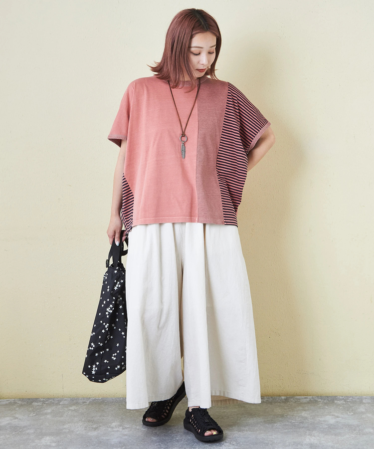 CUBE SUGAR(キューブシュガー) |21/-天竺 無地 × ボーダー ミックス 切替 ドルマン Tシャツ