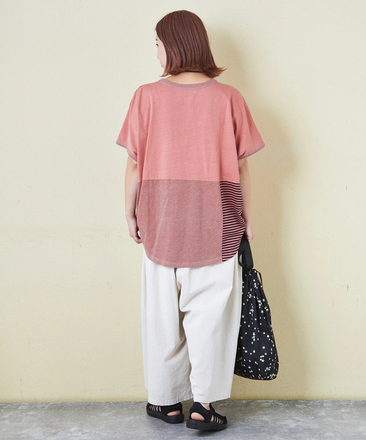 CUBE SUGAR(キューブシュガー) |21/-天竺 無地 × ボーダー ミックス 切替 ドルマン Tシャツ