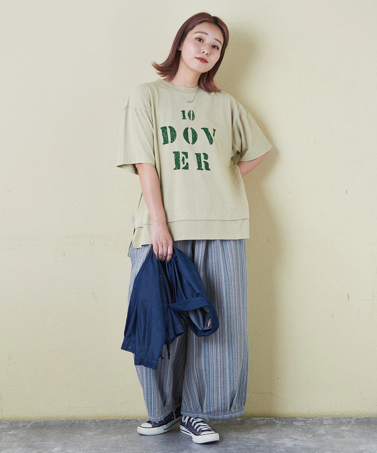 CUBE SUGAR(キューブシュガー) |26/-天竺 パウダー加工 裾レイヤード ロゴ Tシャツ