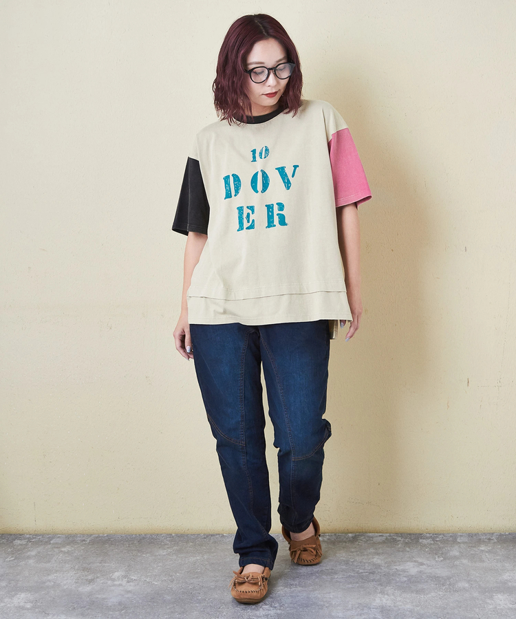 CUBE SUGAR(キューブシュガー) |26/-天竺 パウダー加工 裾レイヤード ロゴ Tシャツ