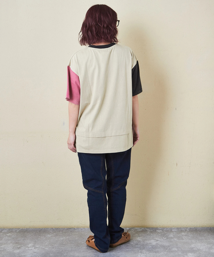 CUBE SUGAR(キューブシュガー) |26/-天竺 パウダー加工 裾レイヤード ロゴ Tシャツ