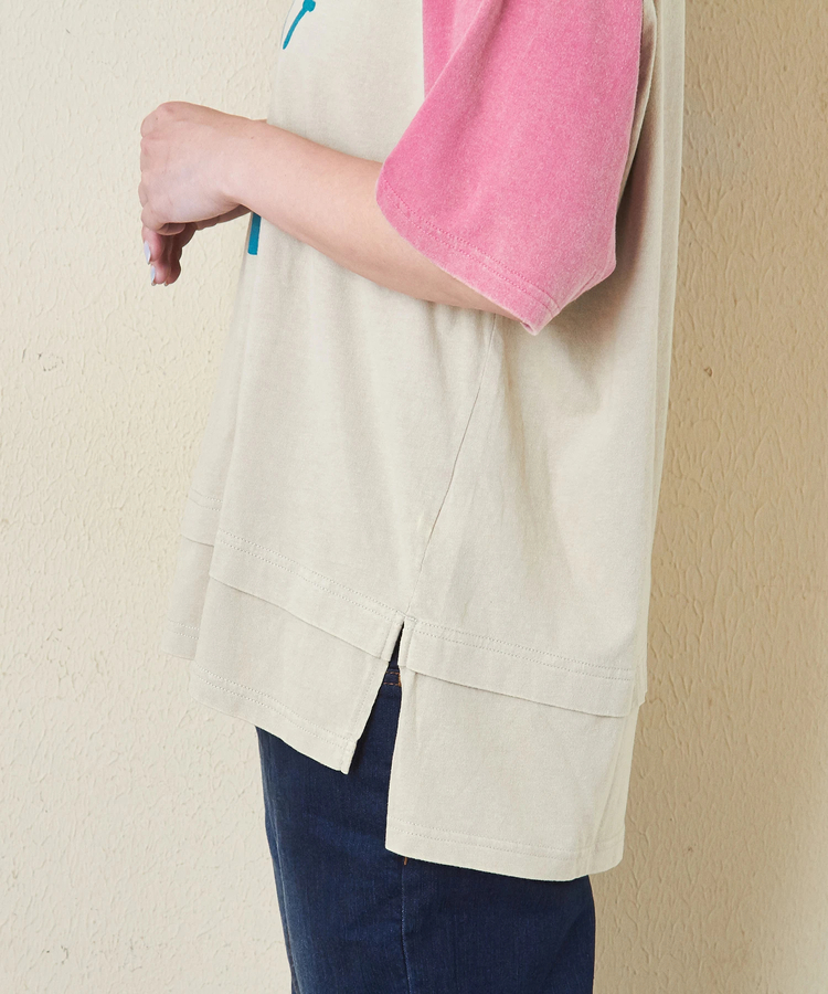 CUBE SUGAR(キューブシュガー) |26/-天竺 パウダー加工 裾レイヤード ロゴ Tシャツ