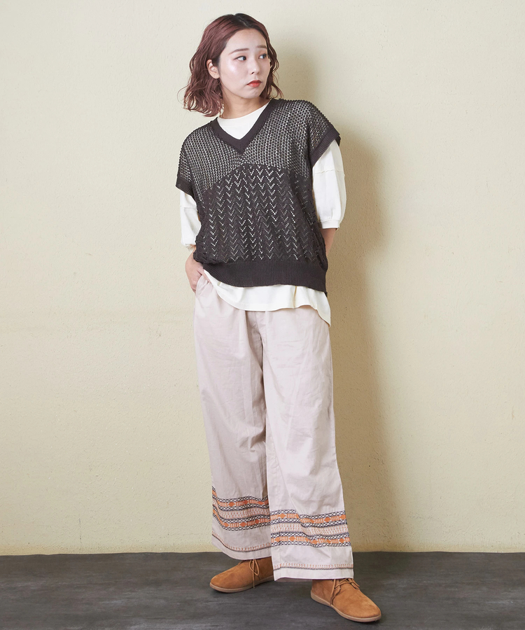 CUBE SUGAR(キューブシュガー) |【早得P2倍】【秋新作 クーポン対象外】インド キャンブリック 裾刺繍 ギャザー パンツ