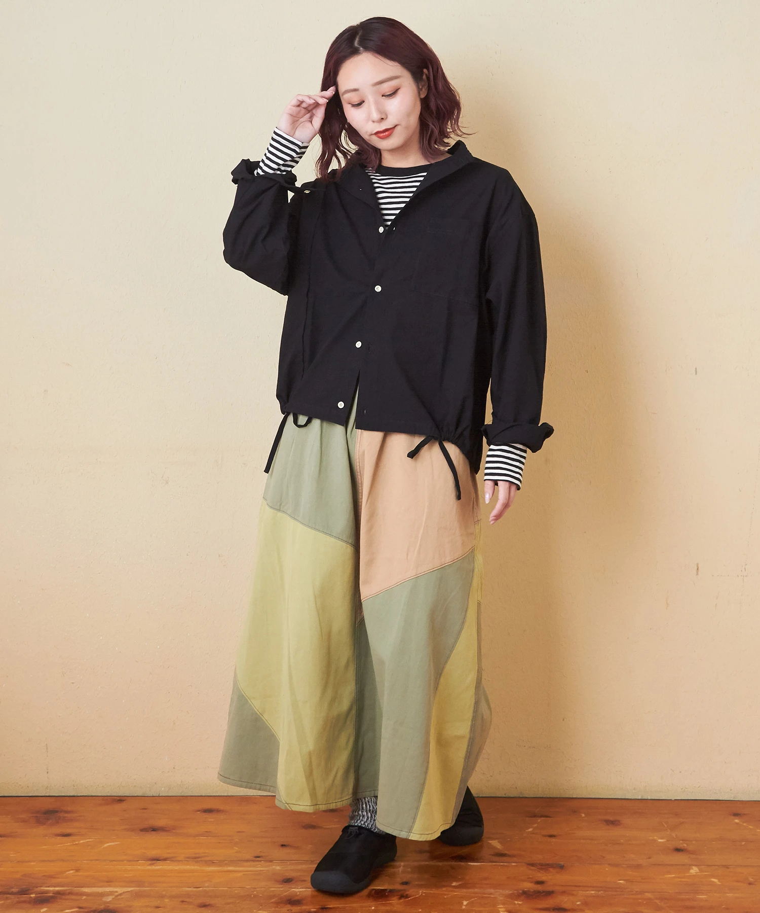 秋新作】ショートスラブ フライス ボーダー 長袖 クルーネック