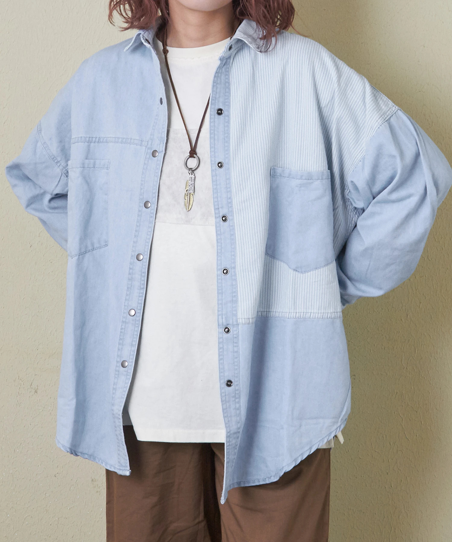 トップス Gij 秋新作】デニム × ヒッコリー ビッグ シャツ｜ファッション通販