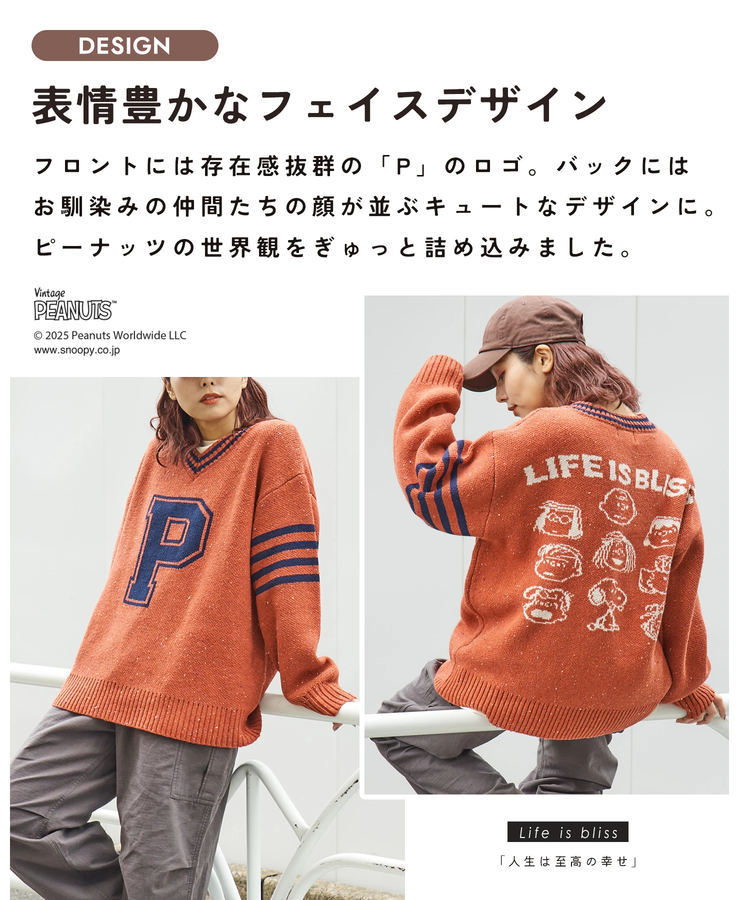 CUBE SUGAR(キューブシュガー) |【セール除外商品】【秋冬新作】PEANUTS ( ピーナッツ ) ネップヤーン ライン入り Vネック プルオーバー ニット