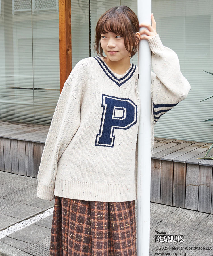 CUBE SUGAR(キューブシュガー) |【セール除外商品】【秋冬新作】PEANUTS ( ピーナッツ ) ネップヤーン ライン入り Vネック プルオーバー ニット