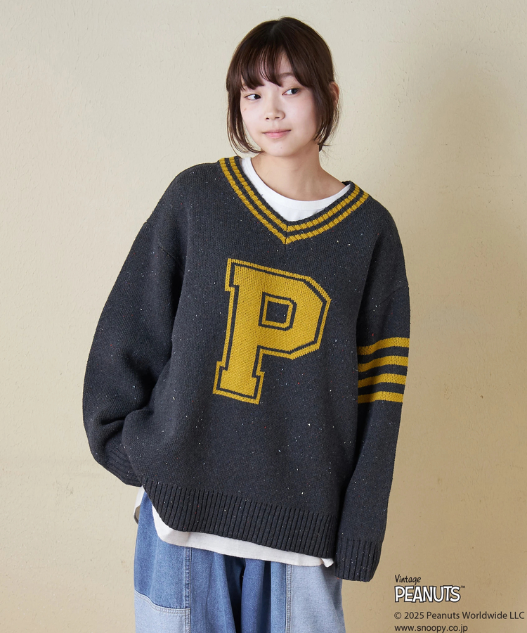 CUBE SUGAR(キューブシュガー) |【セール除外商品】【秋冬新作】PEANUTS ( ピーナッツ ) ネップヤーン ライン入り Vネック プルオーバー ニット