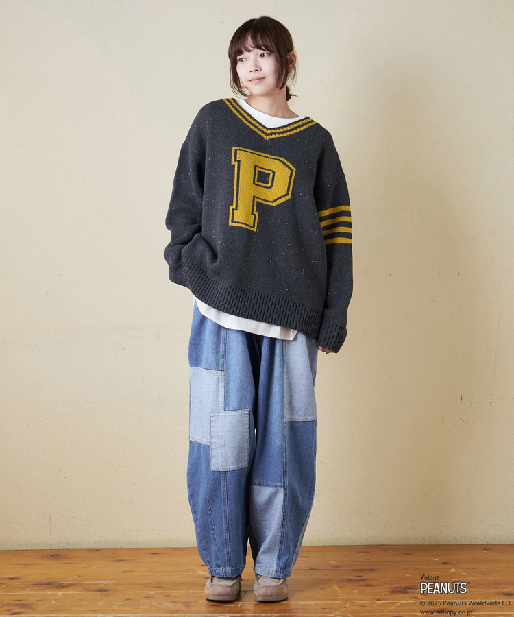 CUBE SUGAR(キューブシュガー) |【セール除外商品】【秋冬新作】PEANUTS ( ピーナッツ ) ネップヤーン ライン入り Vネック プルオーバー ニット
