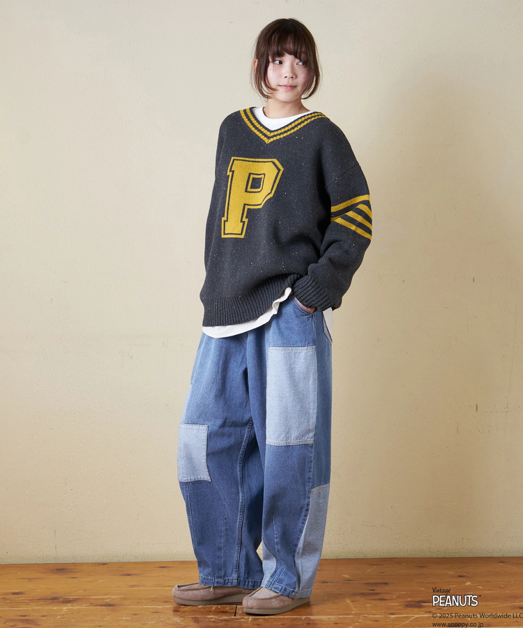 CUBE SUGAR(キューブシュガー) |【セール除外商品】【秋冬新作】PEANUTS ( ピーナッツ ) ネップヤーン ライン入り Vネック プルオーバー ニット