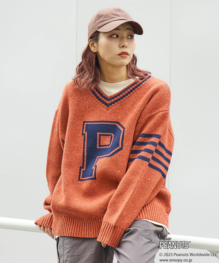 CUBE SUGAR(キューブシュガー) |【セール除外商品】【秋冬新作】PEANUTS ( ピーナッツ ) ネップヤーン ライン入り Vネック プルオーバー ニット