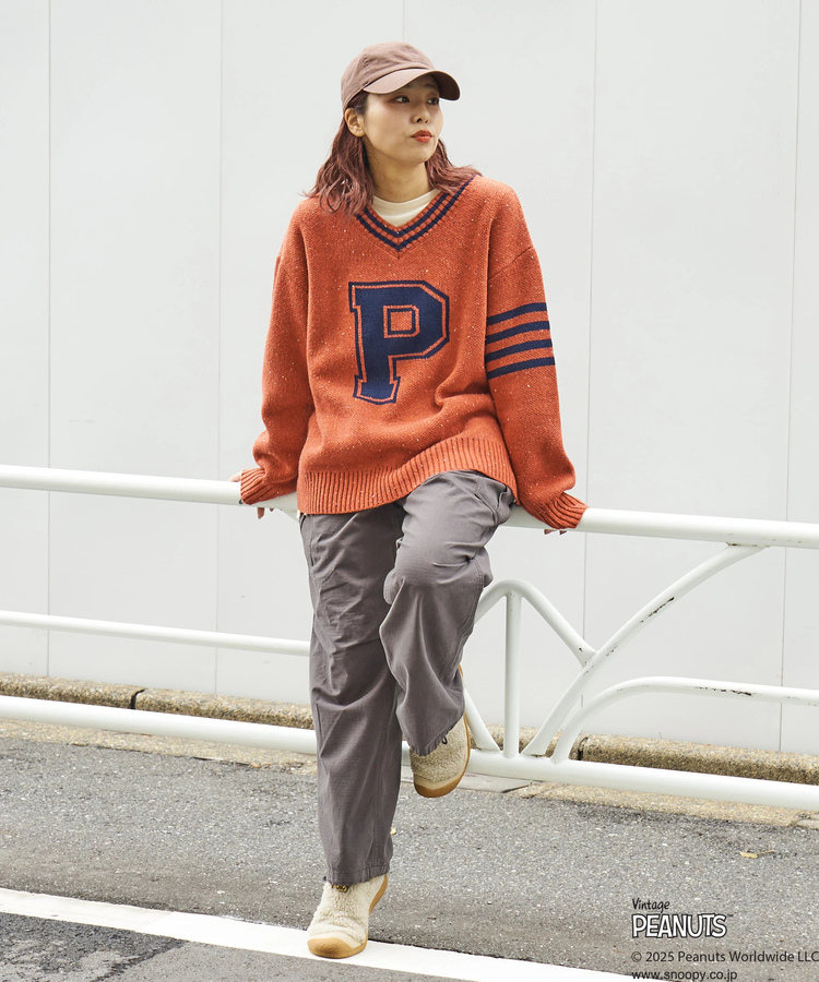 CUBE SUGAR(キューブシュガー) |【セール除外商品】【秋冬新作】PEANUTS ( ピーナッツ ) ネップヤーン ライン入り Vネック プルオーバー ニット