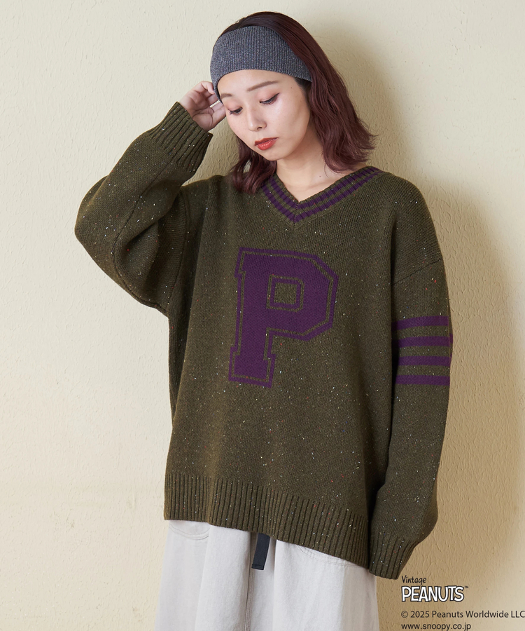 CUBE SUGAR(キューブシュガー) |【セール除外商品】【秋冬新作】PEANUTS ( ピーナッツ ) ネップヤーン ライン入り Vネック プルオーバー ニット