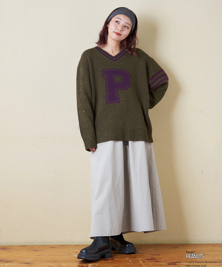 CUBE SUGAR(キューブシュガー) |【セール除外商品】【秋冬新作】PEANUTS ( ピーナッツ ) ネップヤーン ライン入り Vネック プルオーバー ニット