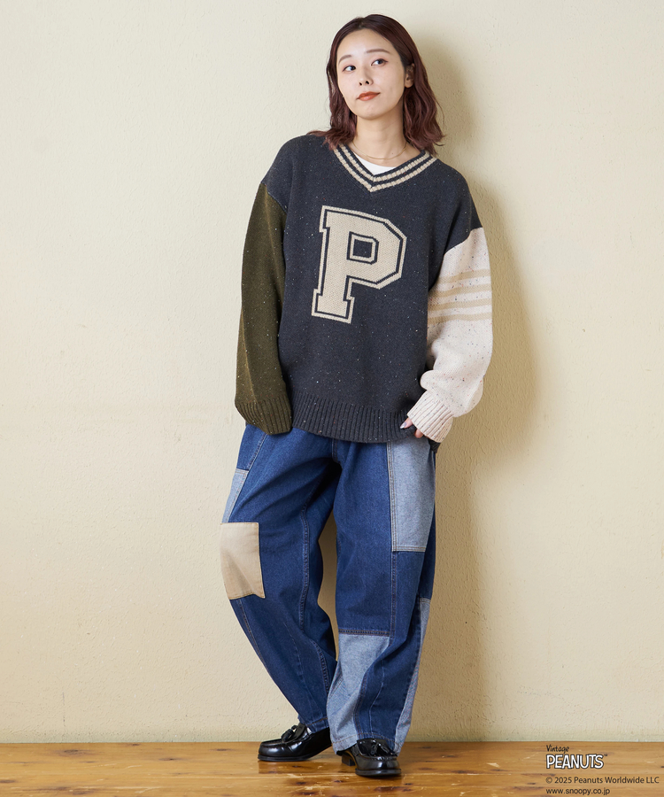 CUBE SUGAR(キューブシュガー) |【セール除外商品】【秋冬新作】PEANUTS ( ピーナッツ ) ネップヤーン ライン入り Vネック プルオーバー ニット