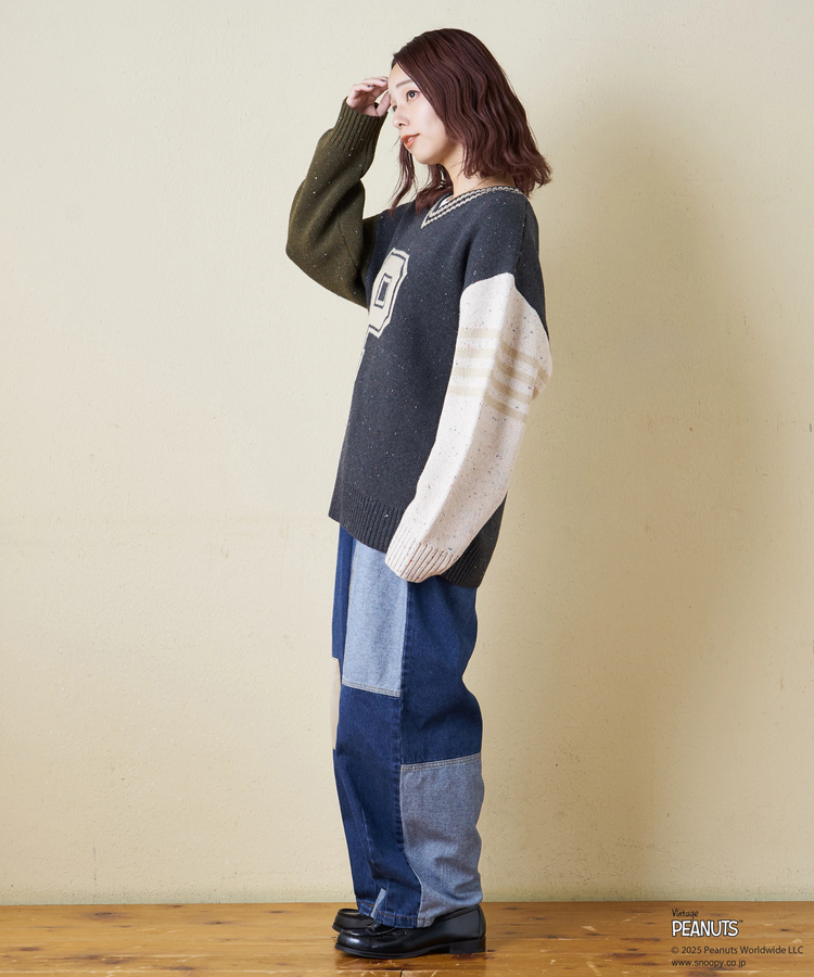 CUBE SUGAR(キューブシュガー) |【セール除外商品】【秋冬新作】PEANUTS ( ピーナッツ ) ネップヤーン ライン入り Vネック プルオーバー ニット