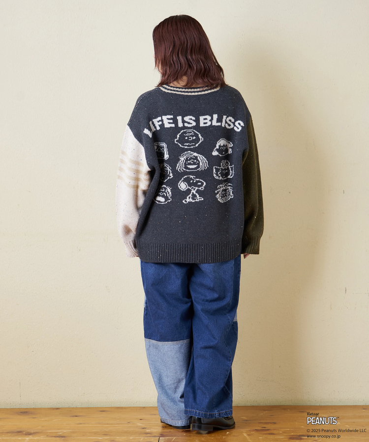 CUBE SUGAR(キューブシュガー) |【セール除外商品】【秋冬新作】PEANUTS ( ピーナッツ ) ネップヤーン ライン入り Vネック プルオーバー ニット