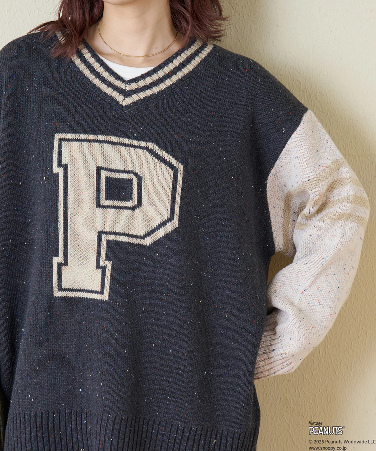 CUBE SUGAR(キューブシュガー) |【セール除外商品】【秋冬新作】PEANUTS ( ピーナッツ ) ネップヤーン ライン入り Vネック プルオーバー ニット