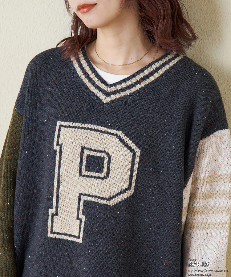 CUBE SUGAR(キューブシュガー) |【セール除外商品】【秋冬新作】PEANUTS ( ピーナッツ ) ネップヤーン ライン入り Vネック プルオーバー ニット