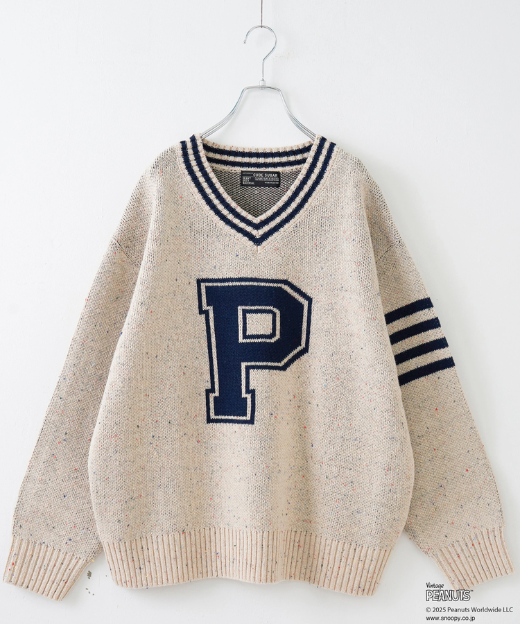 CUBE SUGAR(キューブシュガー) |【セール除外商品】【秋冬新作】PEANUTS ( ピーナッツ ) ネップヤーン ライン入り Vネック プルオーバー ニット