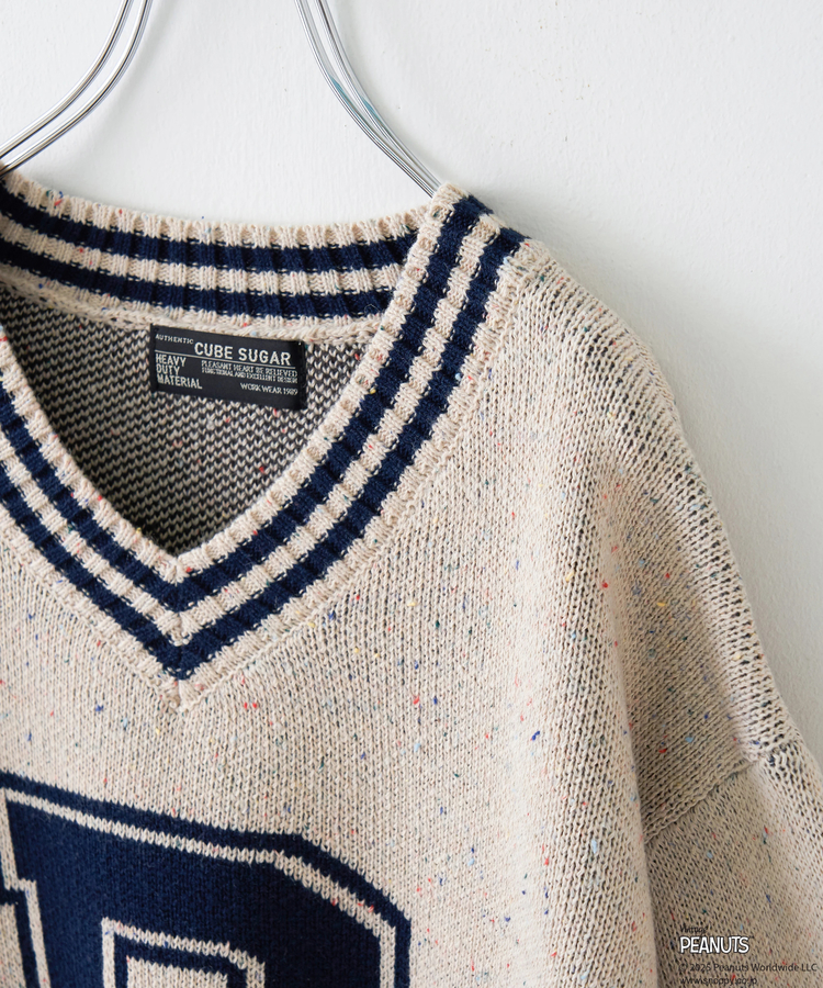 CUBE SUGAR(キューブシュガー) |【セール除外商品】【秋冬新作】PEANUTS ( ピーナッツ ) ネップヤーン ライン入り Vネック プルオーバー ニット
