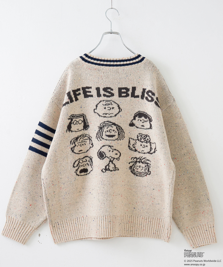CUBE SUGAR(キューブシュガー) |【セール除外商品】【秋冬新作】PEANUTS ( ピーナッツ ) ネップヤーン ライン入り Vネック プルオーバー ニット