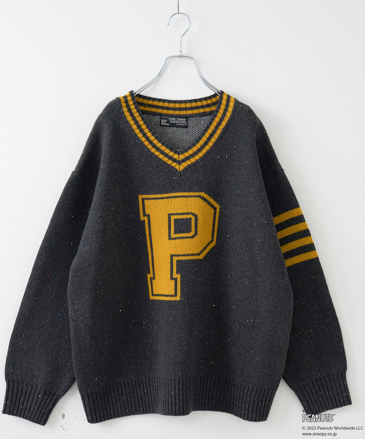 CUBE SUGAR(キューブシュガー) |【セール除外商品】【秋冬新作】PEANUTS ( ピーナッツ ) ネップヤーン ライン入り Vネック プルオーバー ニット