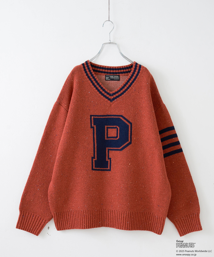 CUBE SUGAR(キューブシュガー) |【セール除外商品】【秋冬新作】PEANUTS ( ピーナッツ ) ネップヤーン ライン入り Vネック プルオーバー ニット