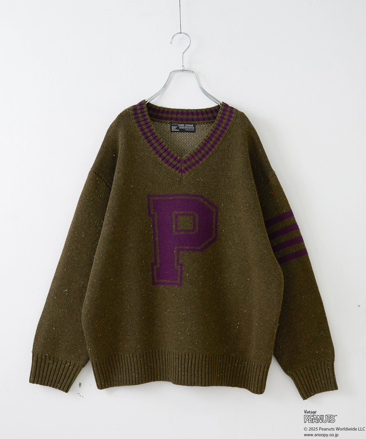 CUBE SUGAR(キューブシュガー) |【セール除外商品】【秋冬新作】PEANUTS ( ピーナッツ ) ネップヤーン ライン入り Vネック プルオーバー ニット
