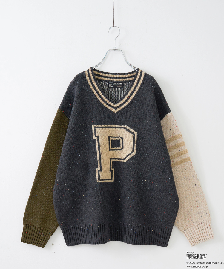 CUBE SUGAR(キューブシュガー) |【セール除外商品】【秋冬新作】PEANUTS ( ピーナッツ ) ネップヤーン ライン入り Vネック プルオーバー ニット
