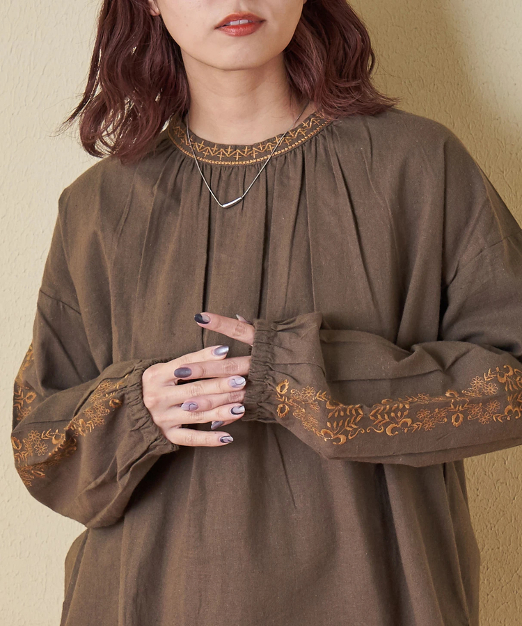 CUBE SUGAR(キューブシュガー) |【秋冬新作】インド 起毛 シーチング 刺繍 プルオーバー ブラウス