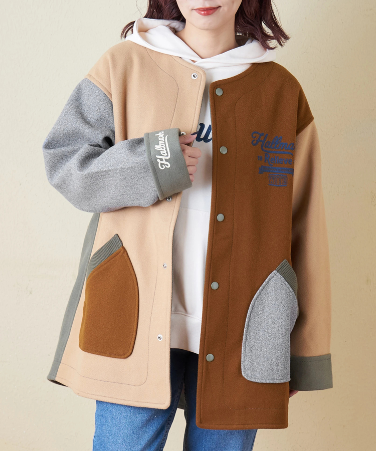 CUBE SUGAR(キューブシュガー) |【秋冬新作】ウールフィール 配色 ノーカラー ジャケット