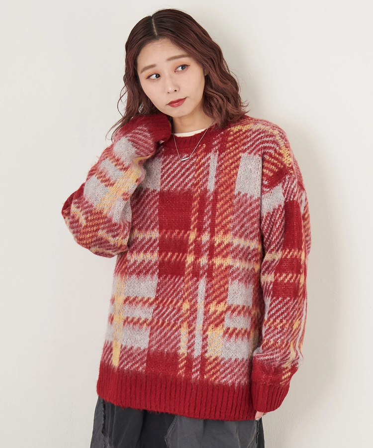 CUBE SUGAR(キューブシュガー) |【秋冬新作】モヘアタッチ ニット ジャガード チェック柄 プルオーバー