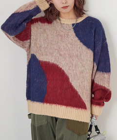 【秋冬新作】モヘアタッチ ニット ジャガード マーブル柄 プルオーバー