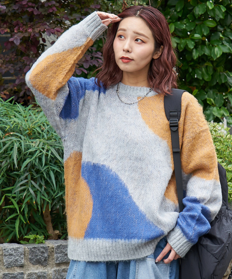 CUBE SUGAR(キューブシュガー) |【秋冬新作】モヘアタッチ ニット ジャガード マーブル柄 プルオーバー