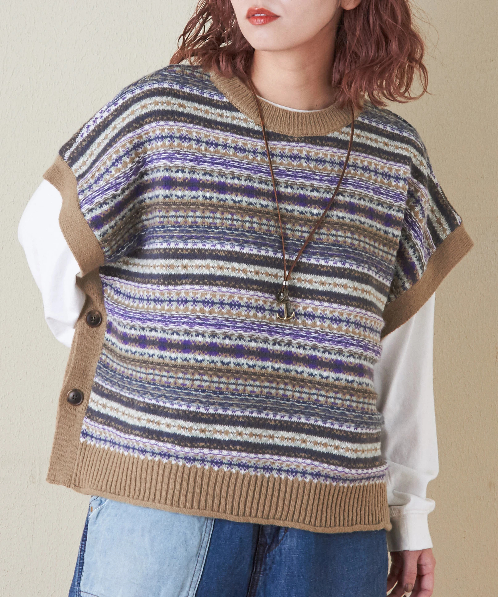 秋新作】9NM ピーチヤーン 2Way ジャガード ニット ベスト