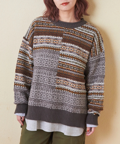 【秋冬新作】9NM ピーチヤーン 切替 ジャガード ニット プルオーバー