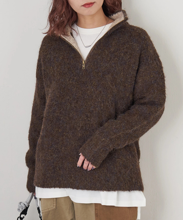 CUBE SUGAR(キューブシュガー) |【秋冬新作】1/4.6ループヤーン ハーフジップ プルオーバー ニット