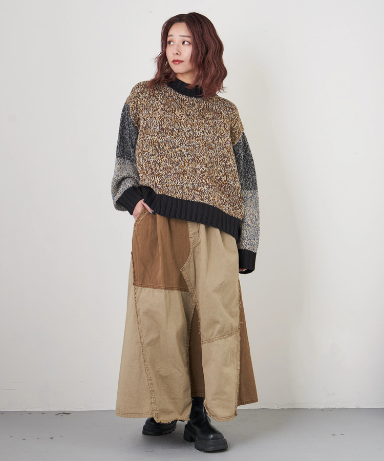 CUBE SUGAR(キューブシュガー) |【秋冬新作】バルキー Ac8本 ミックス ニット 配色 切替 プルオーバー