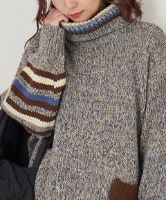 【秋冬新作】バルキー Ac8本 ミックス ニット ライン入り タートルネック プルオーバー