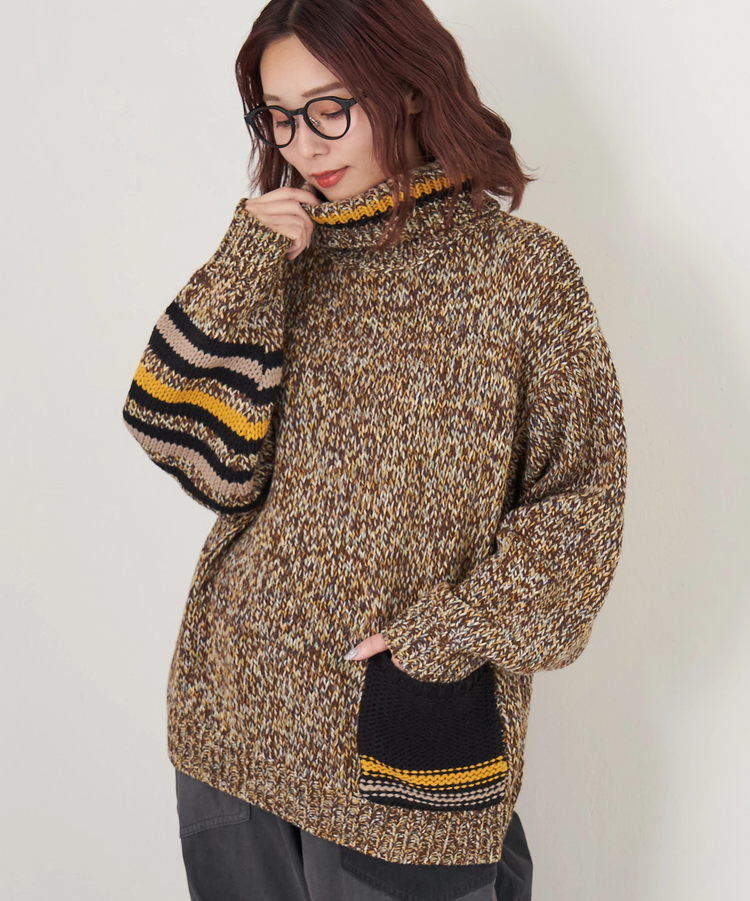 CUBE SUGAR(キューブシュガー) |【秋冬新作】バルキー Ac8本 ミックス ニット ライン入り タートルネック プルオーバー