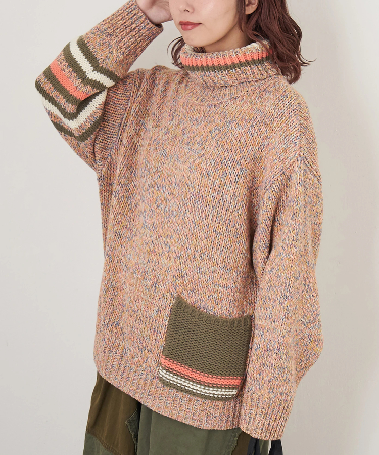 CUBE SUGAR(キューブシュガー) |【秋冬新作】バルキー Ac8本 ミックス ニット ライン入り タートルネック プルオーバー