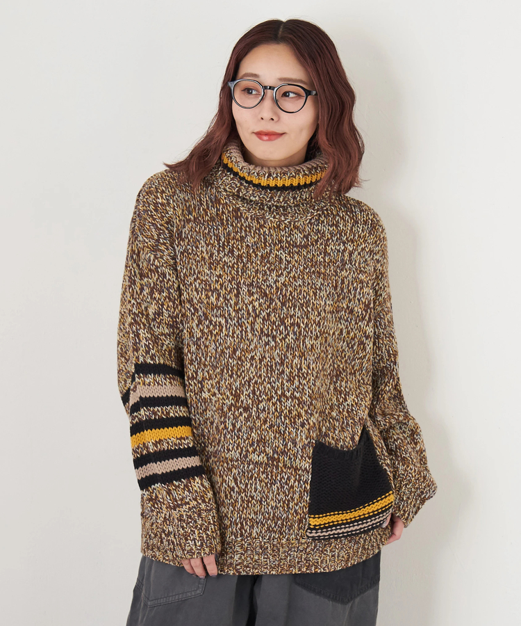 CUBE SUGAR(キューブシュガー) |【秋冬新作】バルキー Ac8本 ミックス ニット ライン入り タートルネック プルオーバー