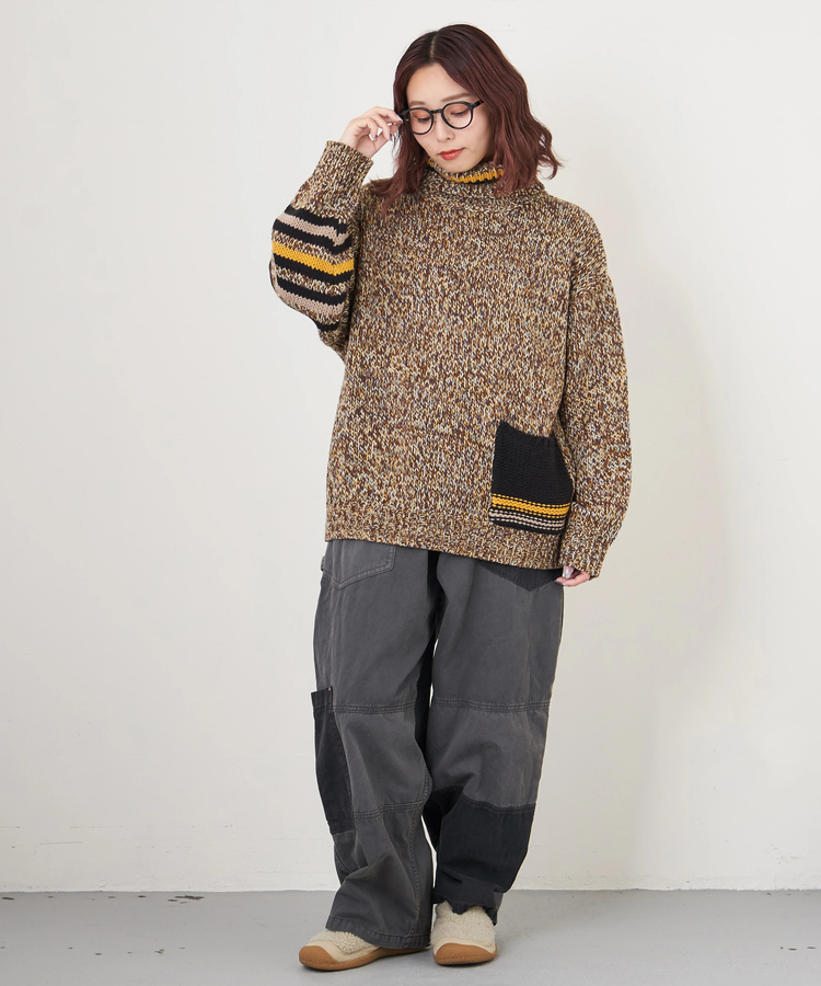 CUBE SUGAR(キューブシュガー) |【秋冬新作】バルキー Ac8本 ミックス ニット ライン入り タートルネック プルオーバー