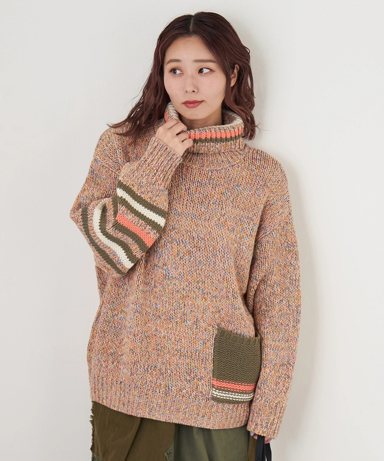 CUBE SUGAR(キューブシュガー) |【秋冬新作】バルキー Ac8本 ミックス ニット ライン入り タートルネック プルオーバー