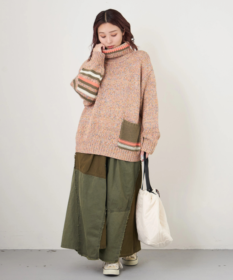 CUBE SUGAR(キューブシュガー) |【秋冬新作】バルキー Ac8本 ミックス ニット ライン入り タートルネック プルオーバー